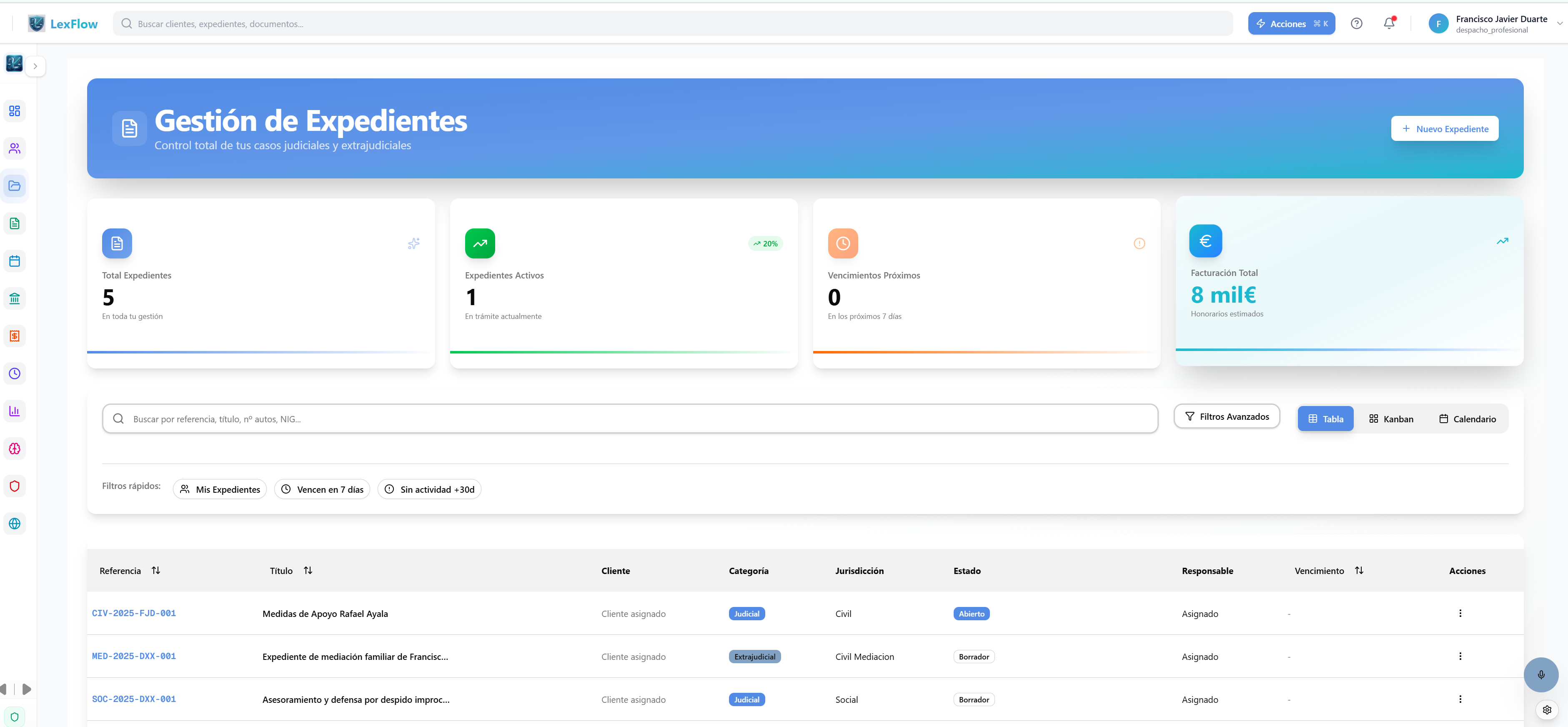 LexFlow Gestión de Expedientes - Vista general
